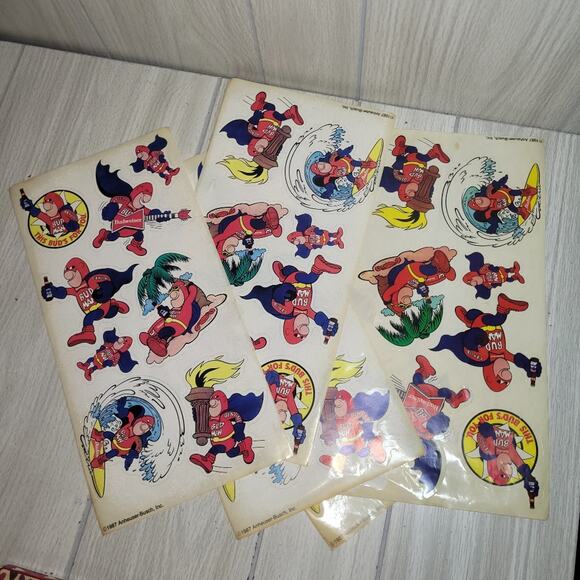Vtg 1987 Set Of 5 Bud Man Sticker Sheets 1 Sticker Missing Beer Mancave Bar - Picture 1 of 4